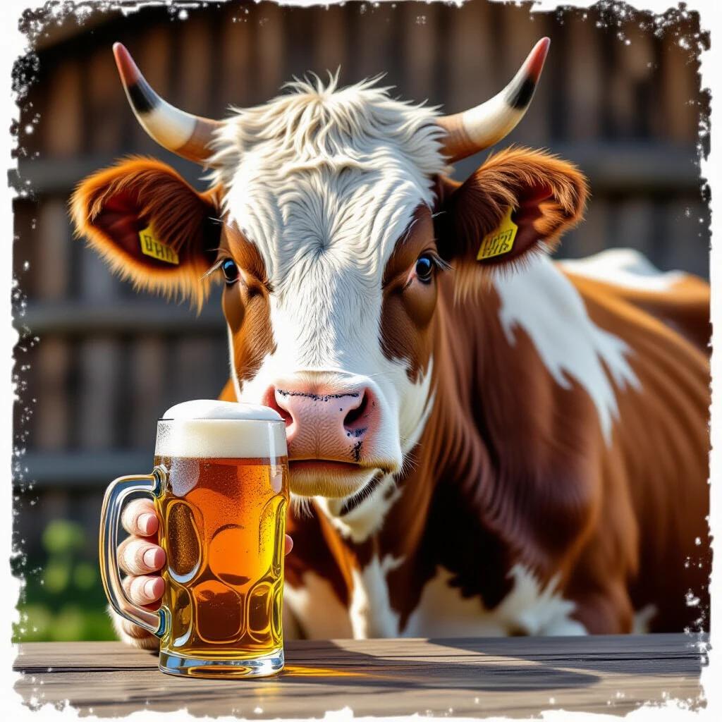 Image of a cow enjoying a beer. The cow is brown and white. The cow holds a large beer mug. The setting is a bright outdoor environment with a wooden fence in the background.