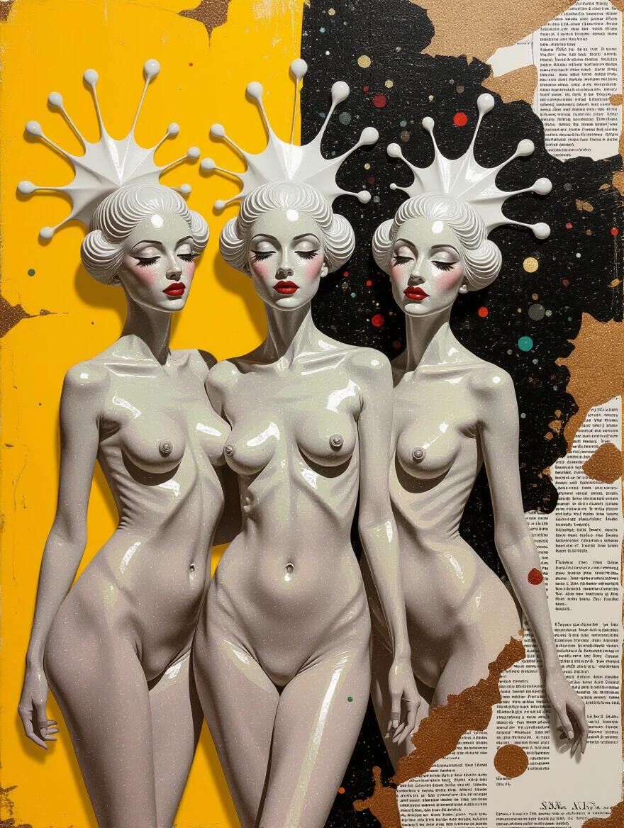 Surreal portrait of three exquisite nude translucent ladies. They have intricate details with a contrasting vibrant background of yellow ocher and burnt sienna. The artwork incorporates elements like newspaper, jute fibres, wood, sand, and confetti. It employs thick textured impasto and splashes of milk with scratches and drops for depth. The focus is on the detailed textures and mixed media aspects.