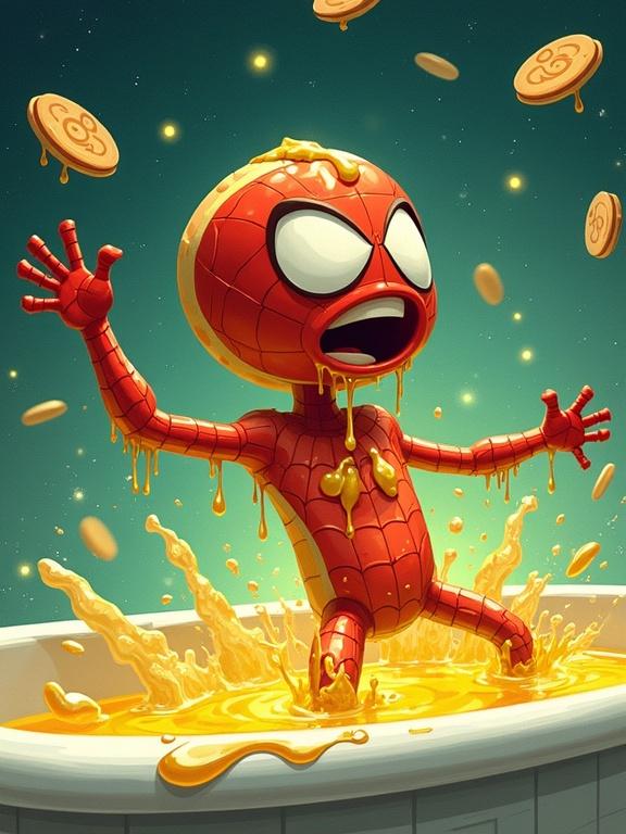 Web-Boy in pancake suit crashes into bathtub of glowing syrup. Impact sends syrup splashing. His arms and legs flop dramatically. Expression is dazed. Pancake stuck on head. Background is cosmic with floating bubbles and stars. Scene is colorful and chaotic.
