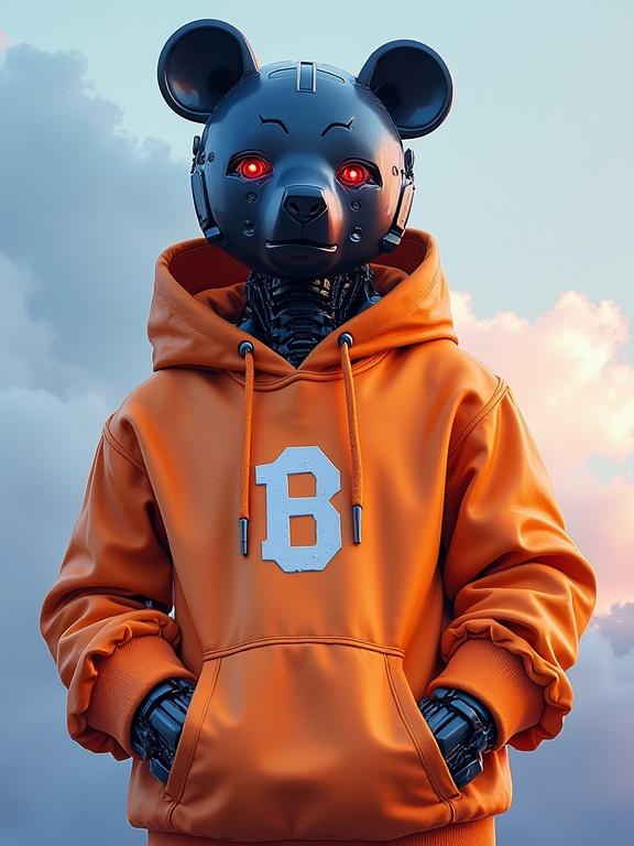 Digital watercolor painting of humanoid robot bear stands outdoors against cloudy sky. Robot has black head with red and blue LED lights. Intricate mechanical details visible. Wearing loose orange hoodie with white emblem. Posed relaxed with hands in pockets. Calm and cool vibe blending technology with fashion. Natural and moody lighting highlights reflections and fabric texture. Cloudy sky creates depth and atmosphere.