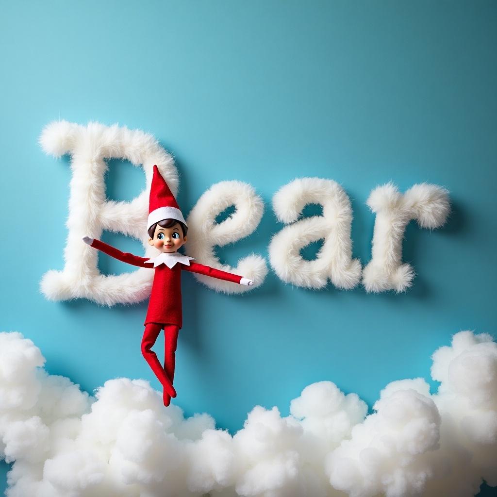 An Elf on the Shelf character is playfully posed against a sky blue backdrop. The elf is cute and whimsical, wearing a classic red outfit and hat. It is energetically positioned, seemingly writing the word 'Bear' in fluffy white clouds. The clouds add a dreamy touch, making the scene feel magical and festive. The overall atmosphere is bright, cheerful, and inviting, perfect for holiday themes.