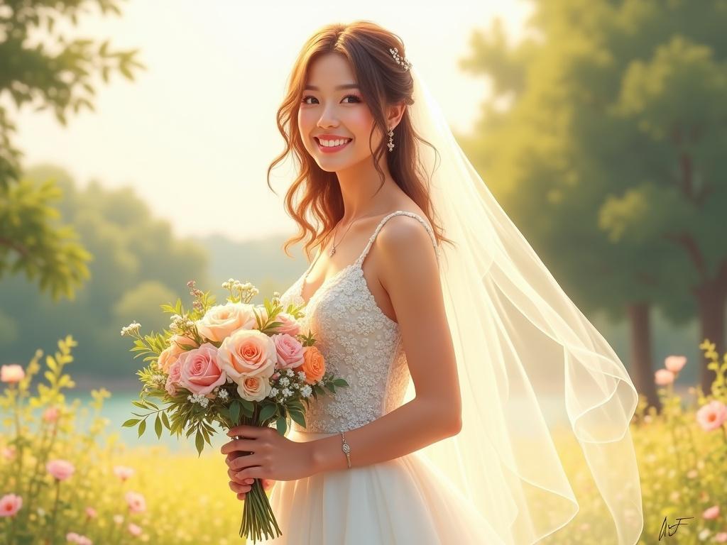 A joyful young bride stands facing the viewer in a natural landscape. She is wearing an elegant wedding dress with delicate embroidery and a flowing veil. Her hair is styled and blowing gently in the breeze. She holds a bouquet of flowers and is smiling happily. The scene is set in a beautiful meadow or lakeshore with warm light, radiating joy and celebration. Digital illustration in soft pastel tones with artistic elements.