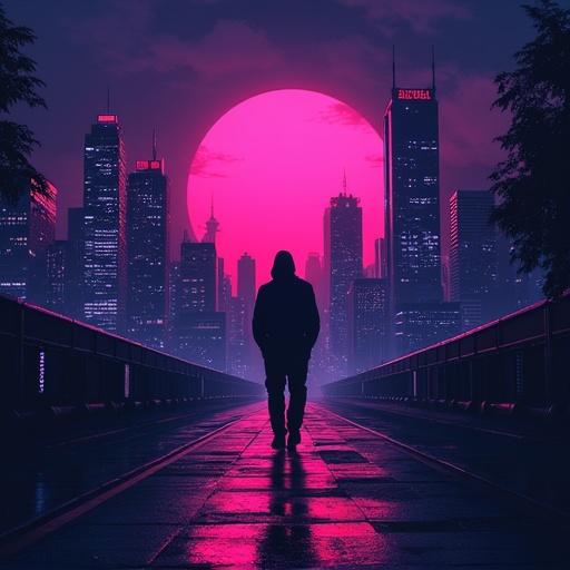Dark neon RGB city silhouette features a figure walking towards a large glowing pink sun. Urban landscape filled with high-rise buildings. Vibrant colors create a futuristic atmosphere.