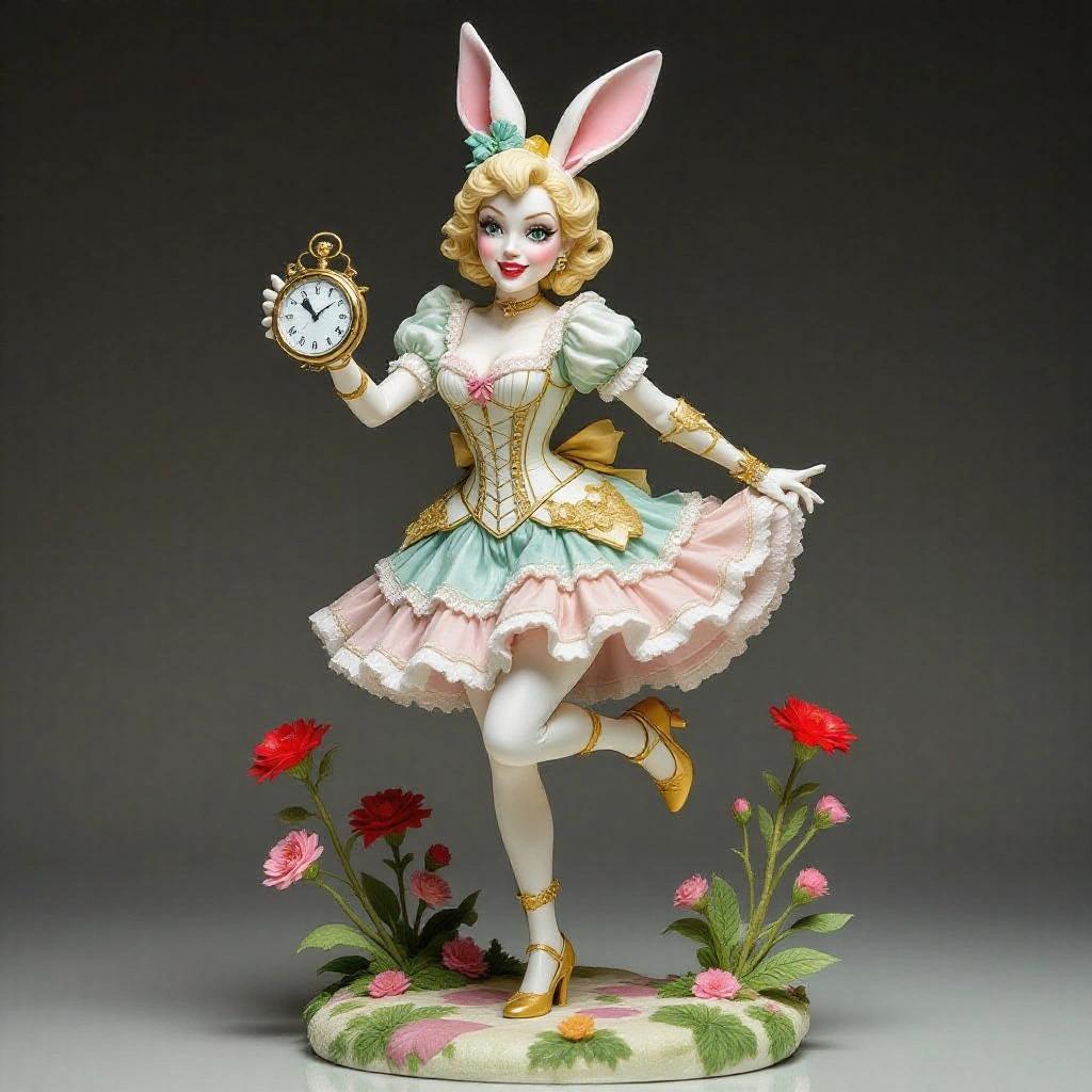 Highly detailed resin sculpture of a charming young woman inspired by the White Rabbit from Wonderland. Figure stands in a dynamic pose holding a pocket watch and gathering her skirt while running late. She wears a white and gold corset, pastel skirt, striped stockings, and high heels. Bunny ears on head, human features, and sweet expression. Base includes decorative clocks and petals.