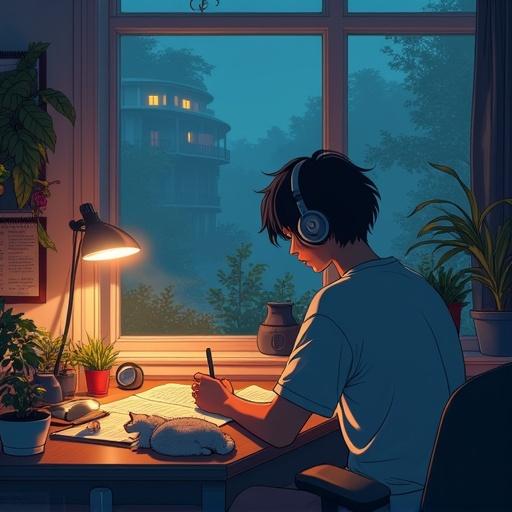 Person works at a desk. Headphones worn. Writing notes or reading a book. Cat rests nearby. Soft glow from a desk lamp. Plants decorate the space. Window shows a quiet outside scene. Anime art style with grainy texture. Evokes calm focus.