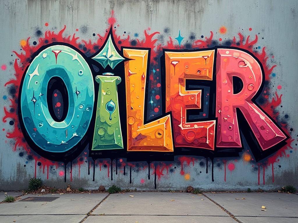 The image captures a vibrant piece of street art on a concrete wall. Large, colorful letters spell out 'OILER' in an eye-catching style. Each letter is decorated with a bubbly texture and bold colors, including turquoise, red, and pink. The background features a playful splatter effect, enhancing the overall visual impact. This artwork embodies creative expression and urban culture, making it a prominent feature in any neighborhood.