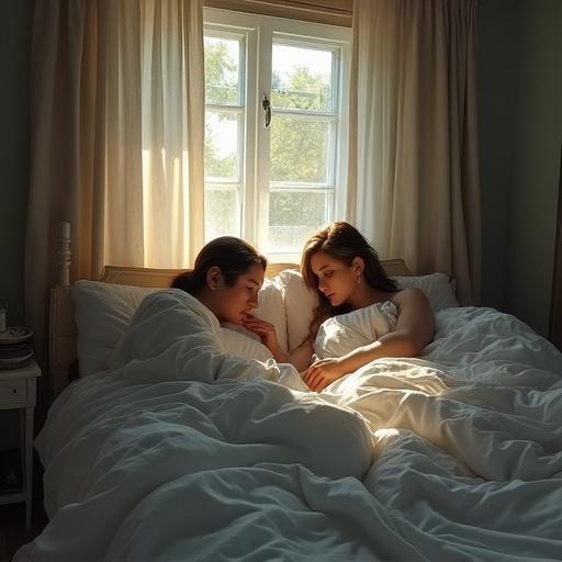 Two realistic people lying in a bed in a cozy room with natural light.