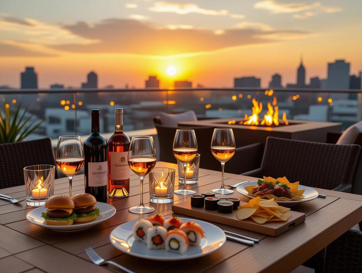 Elegant party table on luxury rooftop terrace. Sunset lighting casts warm orange glow. Premium drinks like wine and whiskey. Gourmet finger foods include mini burgers sushi and nachos. Crystal glasses and polished cutlery on high-end wooden table. Modern rattan furniture and a fire pit in background. Clean upscale presentation with city skyline view.