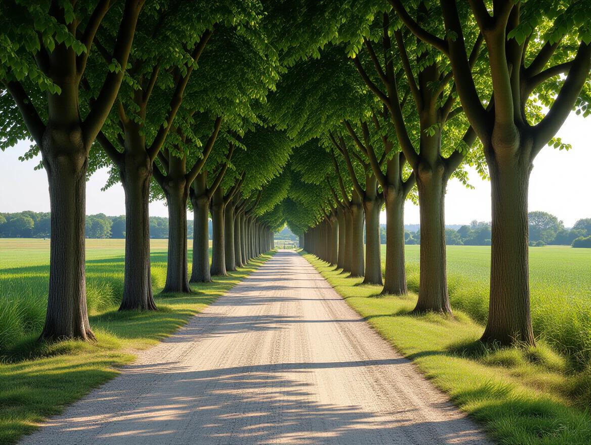 Realistic image of a countryside scene showing a typical farmhouse in Crau with a sunny poplar tree-lined avenue.