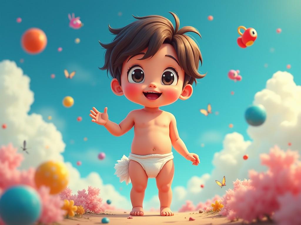 The image depicts a surreal anime representation of a little boy in a diaper, standing in a whimsical landscape. He has large, expressive eyes and a cheerful smile as he waves at the viewer. The background features a bright blue sky with fluffy clouds, and colorful bubbles floating around him. Soft pink flowers add to the playful atmosphere, while butterflies flutter in the air. This enchanting scene captures the essence of childhood joy and innocence.