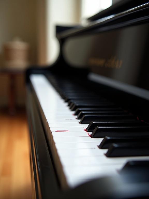 Close-up of a black piano keyboard with black and white keys. Red thread runs through keys. Glossy black piano lid in background. Wooden floor visible. Soft warm lighting and subtle shadows. Piano keys in focus and lid slightly open. Modern and elegant looking. Out of focus background with soft bokeh. Horizontal orientation with cozy and inviting mood.