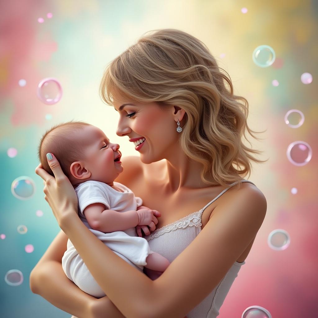 A heartwarming scene of a mother holding her newborn baby. They are smiling at each other, creating a moment filled with joy. The background features soft, pastel colors and floating bubbles. The mother's hairstyle is loose and elegant, enhancing the tender atmosphere. The baby is dressed in a simple white outfit. Both exude warmth and love. This image can evoke feelings of happiness and tenderness as it captures the special bond between a parent and child.