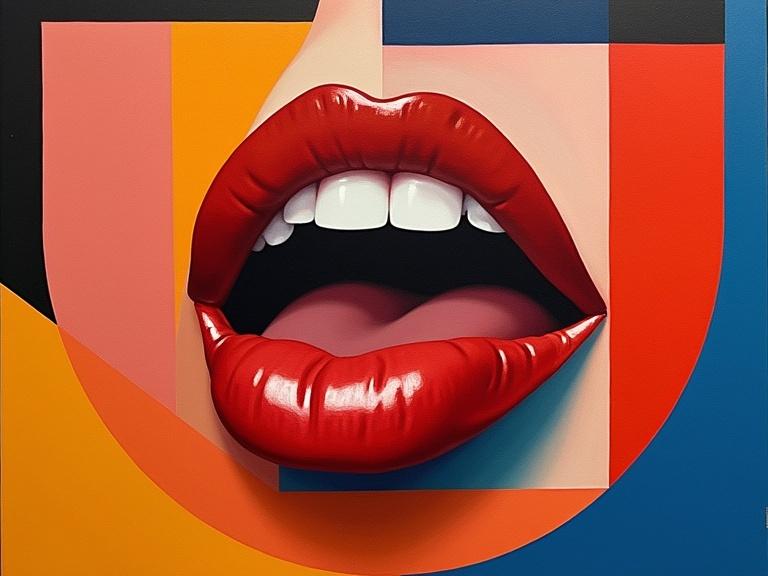 Geometric abstraction featuring lips and tones with bold colors. Strong visual impact with vibrant hues.