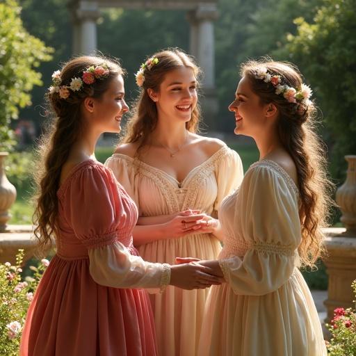 A sunlit garden scene features beautiful noblewomen enjoying playful interactions. They wear flowing gowns made of silk and velvet. Their hairstyles include braids and loose curls with floral decorations. The atmosphere conveys warmth and happiness. Golden sunlight filters through trees, enhancing the serene mood.