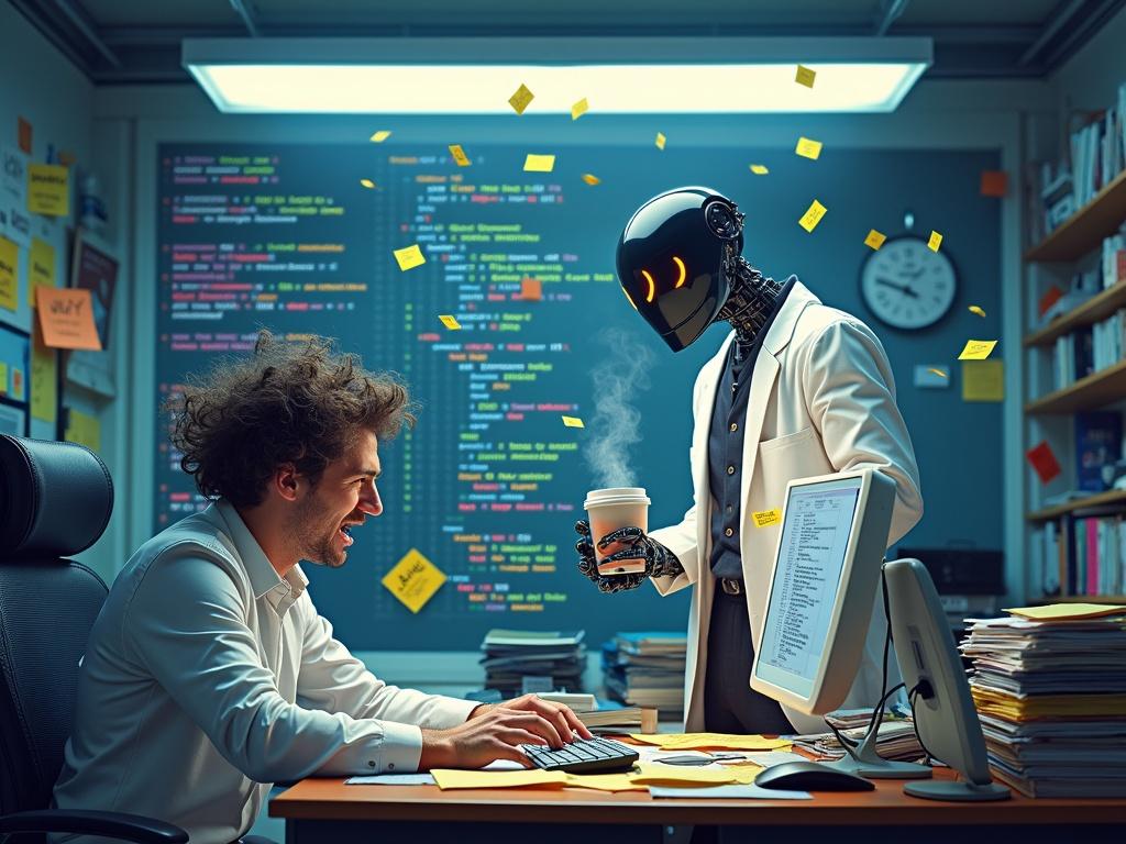 A chaotic office scene filled with fluorescent light. A cluttered desk is covered with sticky notes. A disheveled human employee frantically uses a computer. Complex code streams across the screen. A stylish robot in a lab coat stands confidently, holding a coffee mug. Colorful graphs and animated code surround the robot. The lighting contrasts the human's chaotic state with the robot's calm demeanor.