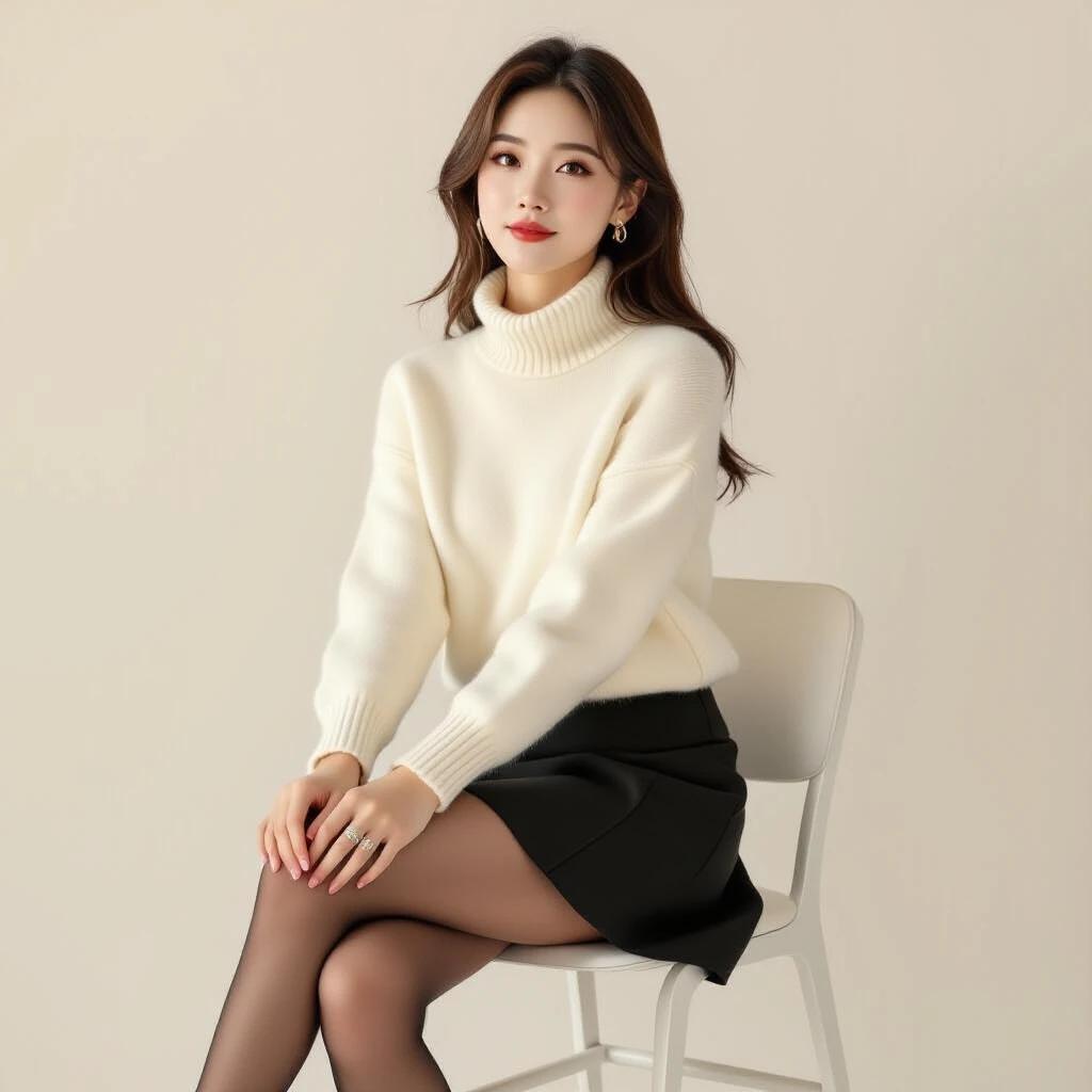 Image shows a person seated in a soft atmosphere with a light background. She wears a cream sweater and black stockings, displaying a minimalist and elegant style. Her posture is natural with a gentle expression, creating a warm and approachable feeling. The overall tone is light, promoting tranquility and comfort.