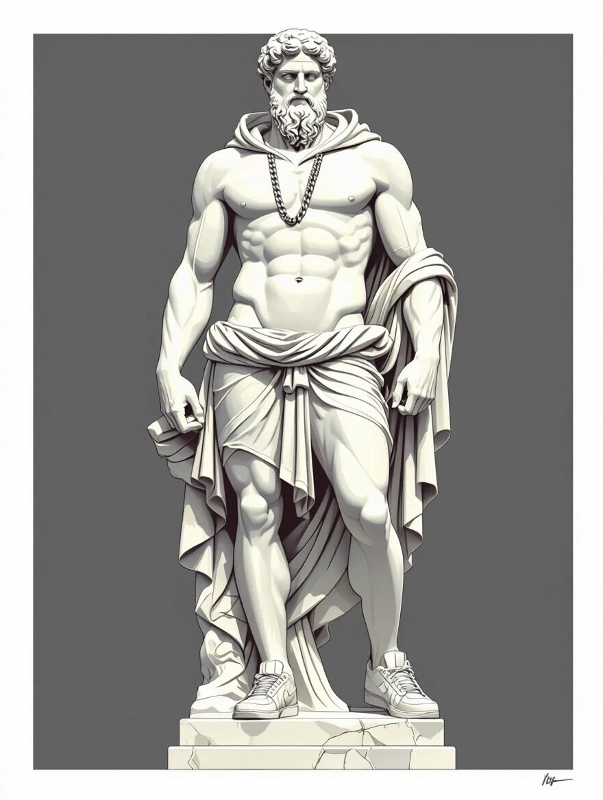 Urban streetwear-style illustration featuring a Greek god as a marble statue. Powerful pose depicted with clean stone texture and chiseled anatomy. Dressed in modern streetwear like a hoodie and sneakers. Background is solid white or gray. Composition centered, easy to edit. Balances classical aesthetics with urban fashion. Clean, impactful design ready for print.