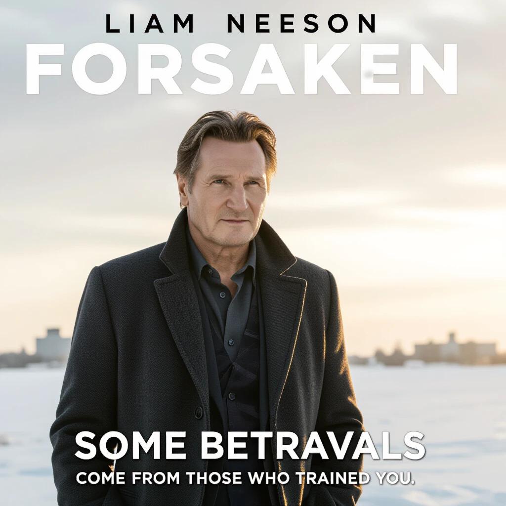 A movie poster for Forsaken. Liam Neeson is featured prominently. He is dressed in a dark coat against a sunset background. The title Forsaken is displayed at the top. The tagline is written beneath the title. The atmosphere conveys suspense and intrigue.