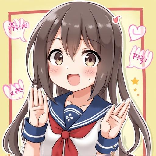 Character illustration of a cheerful high school girl in a sailor suit with a warm smile and hand gestures in an anime style.