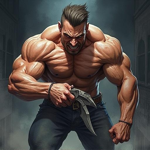 Image features muscular man with fierce expression holding claw-like weapon. Dark indoor background is present. Watercolor aesthetic applied. Camera captures close-up shot.