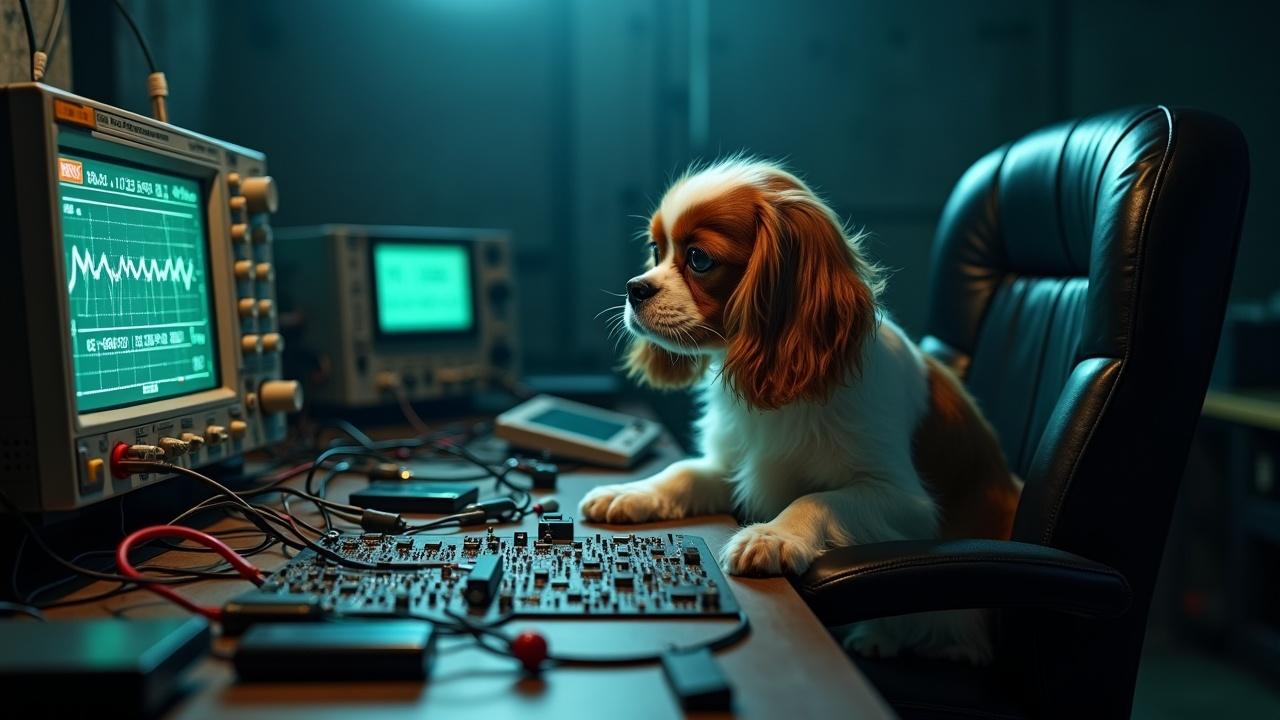 In a dark and eerie lab, a fluffy Cavalier King Charles Spaniel is sitting in a chair, engaging with a circuit board in front of it. The dog is surrounded by various wires and circuit boards laid out on a bench. Next to the dog, there are oscilloscopes and multimeters displaying signals. The scene captures the unusual interaction between the pet and an electronics setup. Dark, gloomy lighting adds to the eerie industrial atmosphere, while highlighting the dog's expressive face. This image perfectly blends the themes of technology, industry, and pet companionship.