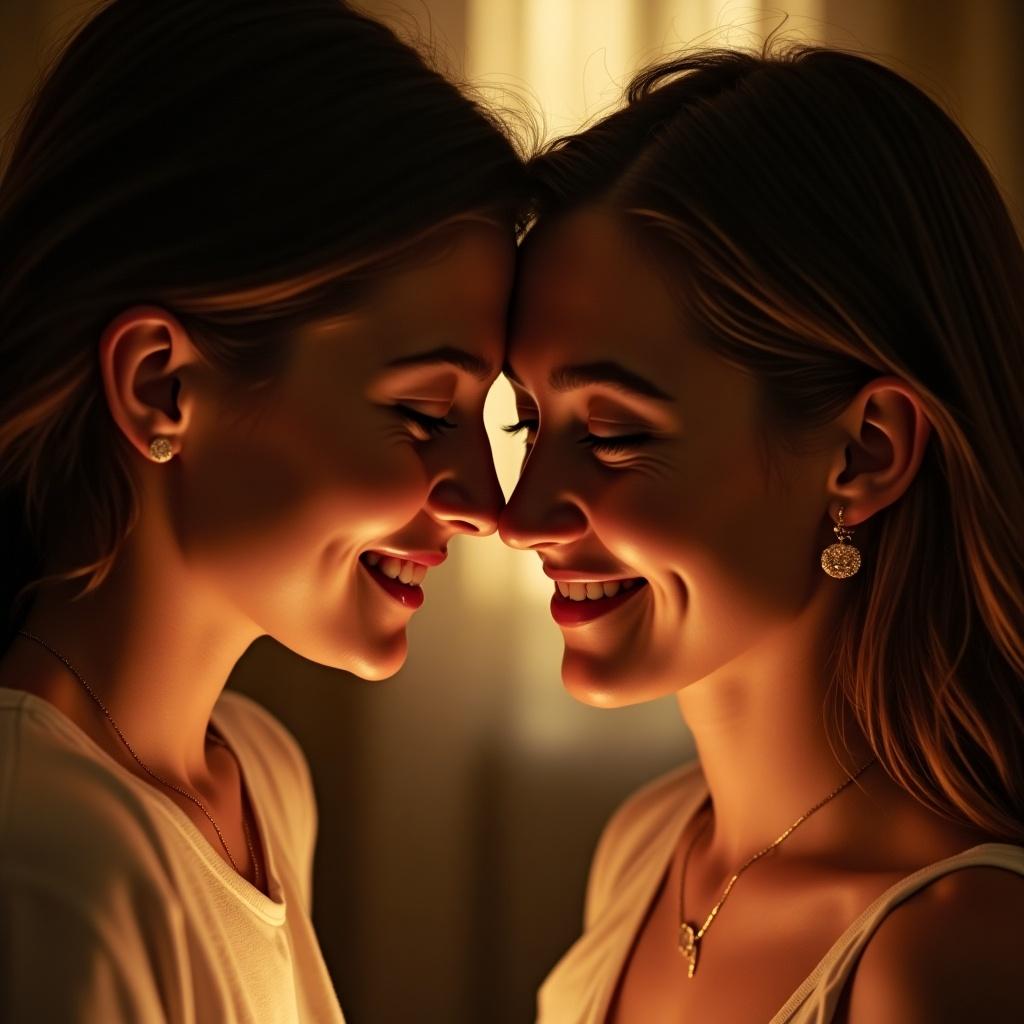 Image captures a tender moment between two young women. They lean closer, noses almost touching. Warm lighting enhances their features. One woman has an upturned nose; the other has a medium-sized nose. They express joy and playfulness. Background is softly blurred.