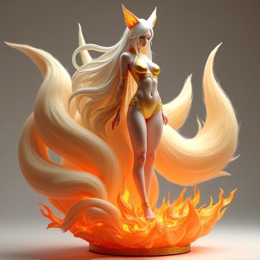 Sensual woman inspired by a nine-tailed fox. Long white hair. Pointy fox ears. Fair skin. Golden bodysuit with orange details. Nine long sculpted tails like flames. Majestic and wise expression. Base carved with spiraled fire. Designed for resin printing.