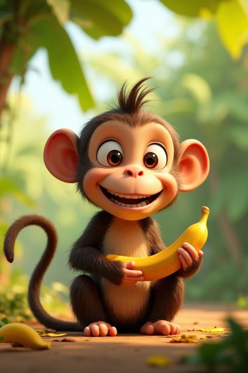 Cute 3D cartoon monkey in Pixar style happily eating banana. Sitting under banana tree with large expressive eyes and big smile. Background has lush banana trees and colorful jungle atmosphere with high detail and vibrant colors.