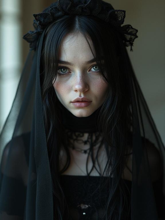 A full body portrait of a gothic girl with pale skin. She has dark makeup on her face. She wears a see-through black veil and gothic attire. The portrait is in high resolution.