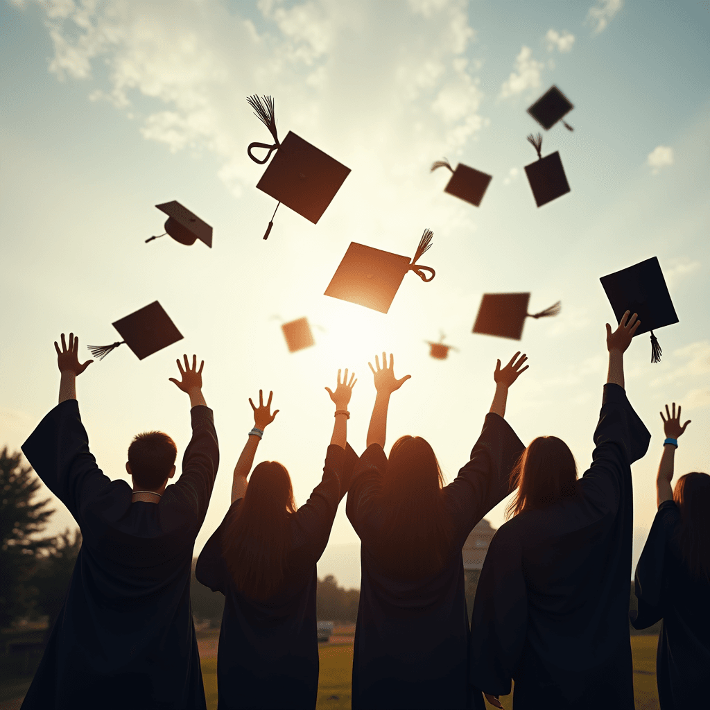 Graduates in gowns throw their caps in the air against a sunset sky.