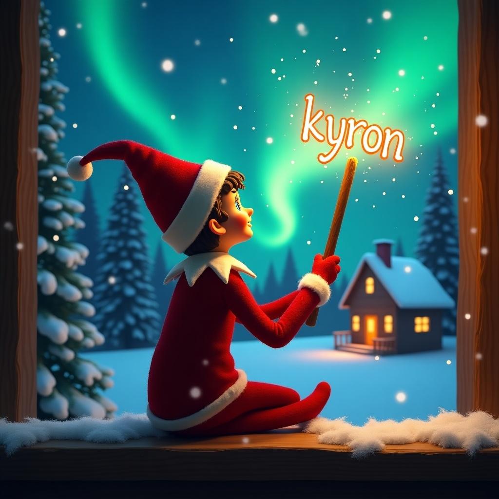 Elf on the shelf gazes skyward while holding a glowing wand. Colorful northern lights fill the sky. Cozy house in the distance with snow on the ground. Elf represents Christmas magic and wonder. Name kyron glows in the air from the wand.