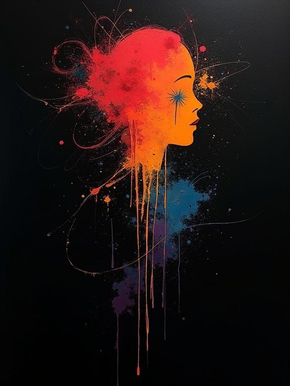 Digital painting showcasing futuristic characters. Background is pure black with painted strokes delivering an abstract feel. Bold colors blend and clash beautifully creating forms of color. The artwork displays cubist influences emphasizing shapes and patterns within a minimalist aesthetic.
