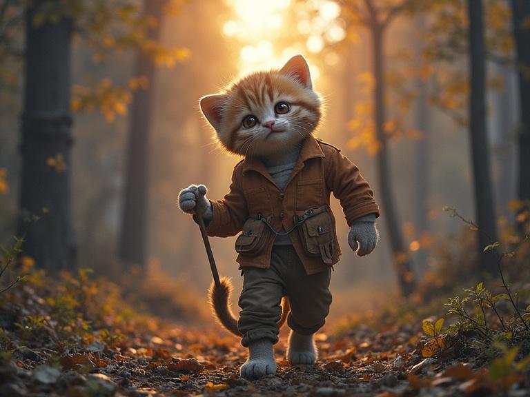 A cartoon cat walking along a forest path. The cat has big expressive eyes, brown fur, and wears a stylish jacket. The background shows a misty forest path illuminated by soft sunlight.