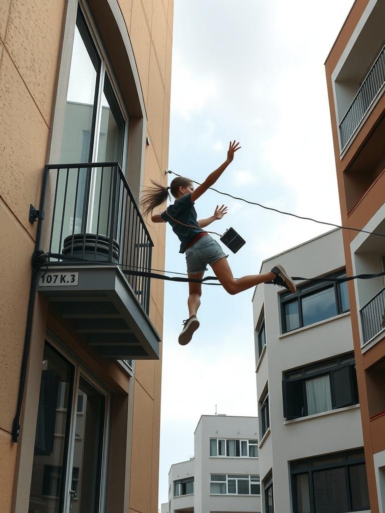 A young person is captured mid-air in a seemingly impossible leap between two urban buildings. Their arms are outstretched and a small bag is swinging with them, adding a dynamic sense of movement. The sky is cloudy, providing a dramatic backdrop to this moment of urban adventure.