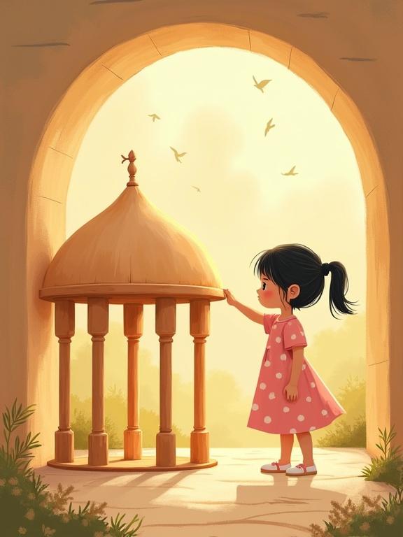 Layla aged 5-7 with black hair in a ponytail. She wears a pink dress with white polka dots. She stands inside a wooden house with five columns and a dome. One column is missing. She places the second column back. Warm golden light fills the scene. Soft trees and birds are in the background. A sense of calm returns.