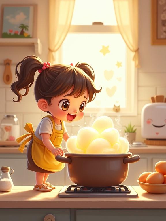 Charming cartoon illustration shows a curious girl with pigtails at a stove. She wears an oversized apron, standing on tiptoes to peek into a bubbling pot of boiling eggs. Excited eyes look into the pot as steam forms playful shapes above. Cozy kitchen features wooden spoon, recipe book ‘Perfect Eggs!’ open nearby, and smiling toaster in background. Style includes soft pastel colors, warm lighting, exaggerated proportions, and a hand-painted texture for a whimsical vibe.