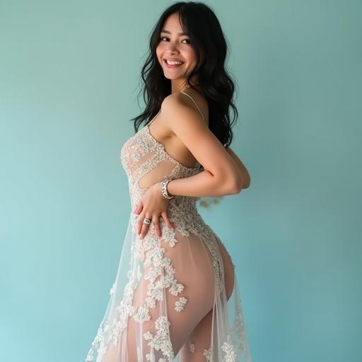 A full-body portrait of a strikingly beautiful woman in an ethereal manner. She poses confidently against a neutral background wearing a dress that blurs fabric and skin. Her expression is a mix of confidence and mystique. Intricate floral patterns on the dress create depth, contrasting with her pale skin. The color palette includes pale peaches and hints of turquoise against a light blue backdrop.
