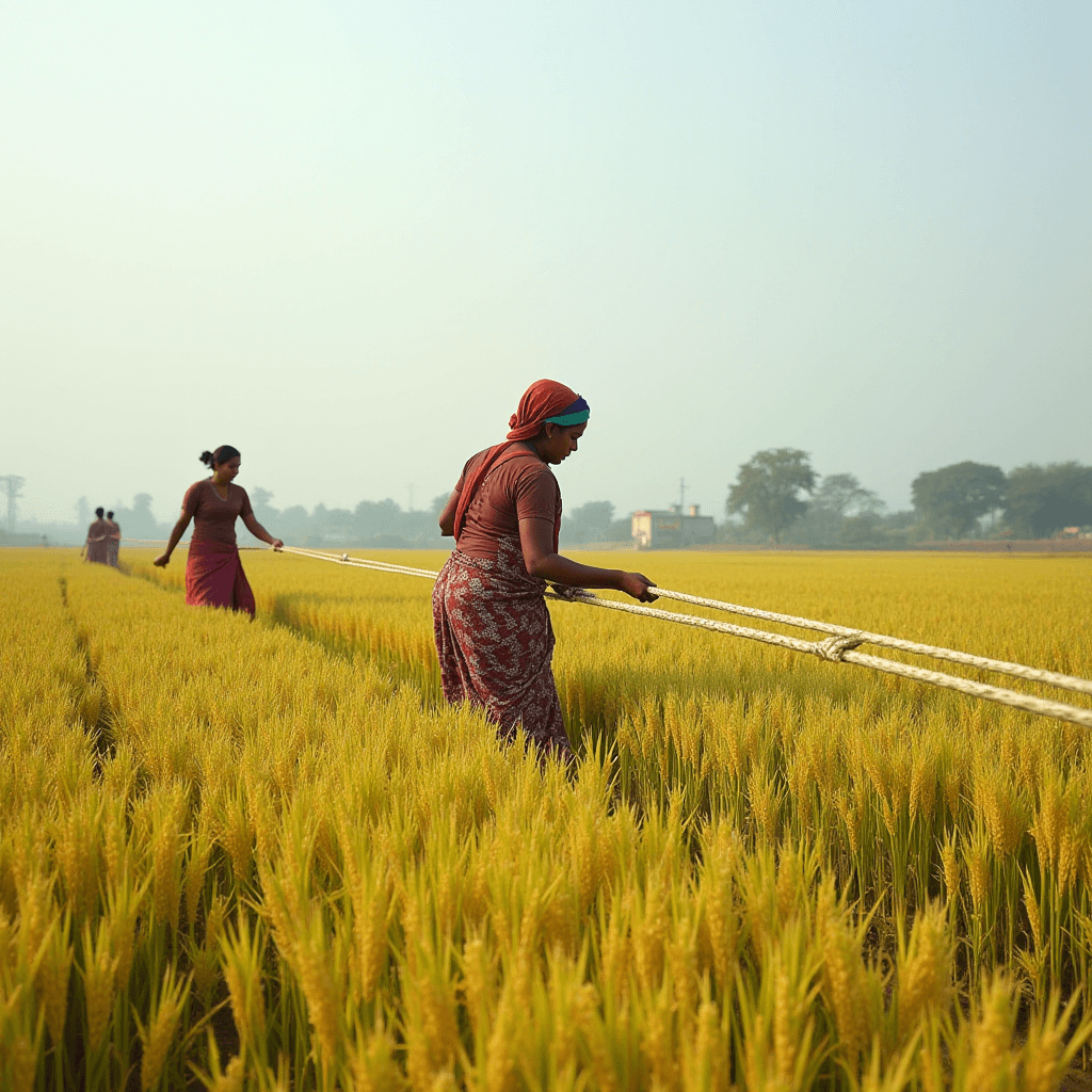 The image captures a serene agricultural scene where two women are working in a lush, golden rice paddy. They are dressed in traditional attire, with headscarves and long skirts, and are engaged in a farming activity that involves pulling a rope or line across the fields. The rice plants are mature and ready for harvest, as indicated by their golden hue. The fields stretch out toward the horizon, and the background features a hazy sky with a few scattered trees and a distant building, suggesting a rural setting.