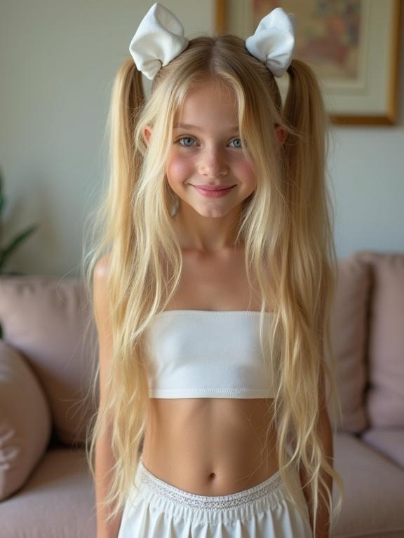 Youthful girl in a living room with long blonde hair styled in twin tails. Wearing a crop top and a micro pleated skirt, complemented by thigh-high socks. She smiles at the camera. Soft natural lighting enhances the image.