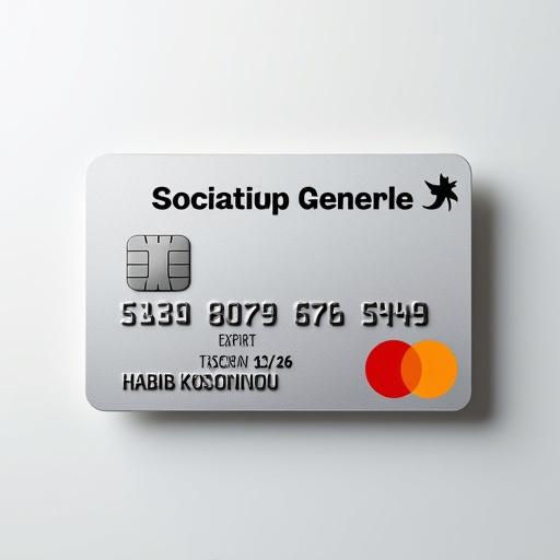 Realistic image of a credit card from Société Générale in France featuring a Mastercard logo. The card number is clearly visible along with the name. Expiry date is displayed. The background is silver with bold black font.
