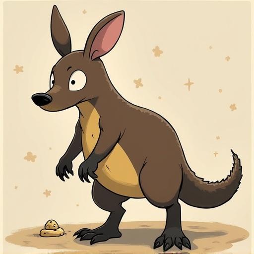 Aardvark drawn in an anime style. The aardvark has large ears and an exaggerated face. The body is cartoonish with a brown fur coat. The aardvark stands with curiosity over a small object on the ground.