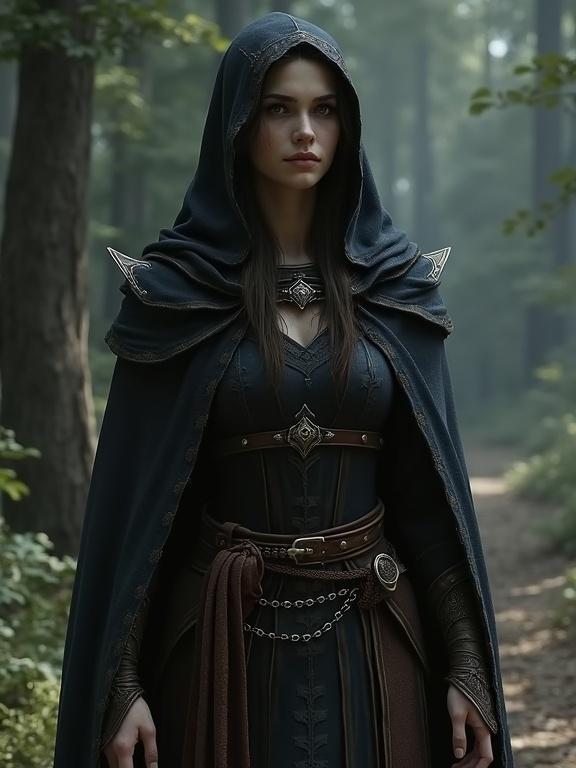 A fantasy character wearing a dark hooded cloak stands in a forest path. The character has long dark hair and a serious expression. The outfit is intricately designed with silver accents and belts. The background is blurred forest scenery with tall trees and soft light filtering through the leaves.