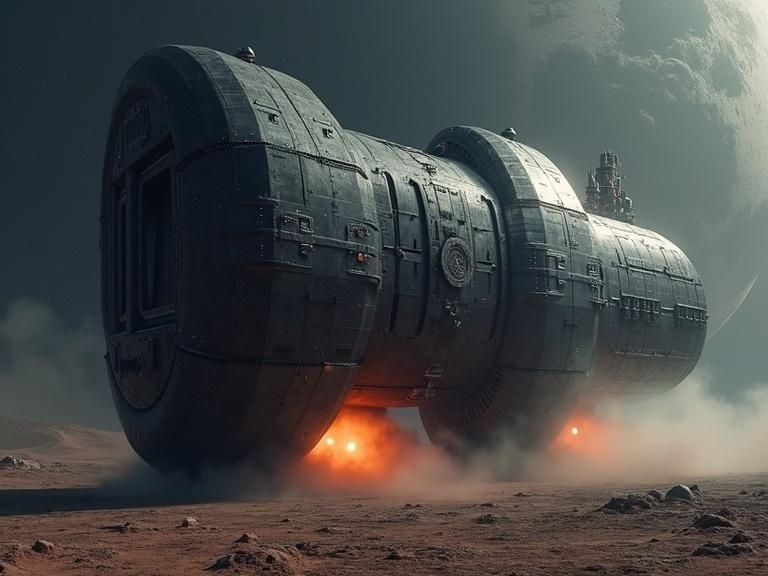 A large dark grey sci-fi spaceship shaped like a wide letter H. It has a textured mechanical hull and a small rectangular window in the front. There are 40 tiny circular openings and glowing orange thrusters at the bottom, blowing dust on the landing planet. The scene includes realism, shadows, textures, and soft reflections.