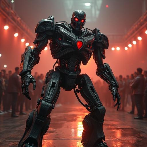 A futuristic robot engaged in a b-boy battle against a crowd of spectators in an industrial setting. The robot has a striking design with a glowing red heart and metallic features. The atmosphere is charged with anticipation and energy.
