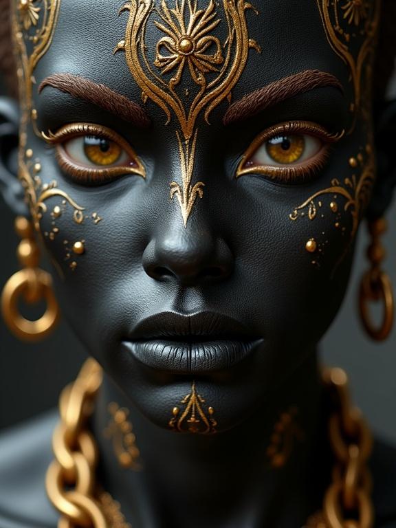 A close-up portrait of a person with dark skin and ornate gold patterns on the face. The makeup includes intricate designs enhancing the features. The focus is on the mesmerizing eyes and golden accessories.