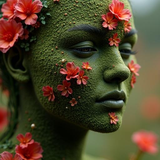 Close-up shot of a female figure made of grass and red flowers. Artwork emphasizes swirling textures and intricate details. Focus on the flowers and green texture. Dramatic and vibrant scene with atmospheric lighting. High-resolution hyper-realistic photography for a striking visual impact.