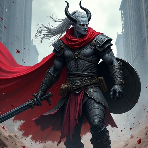 A tall male tiefling swings a black longsword. Ash-gray skin and amber glowing eyes. Long silver hair in a high ponytail. Sleek black horns. Wears chainmail and a red cloak. A shield is on his back. Blood splashes around him. He is in a dynamic action pose. The lighting is cinematic and detailed. The style is comic book with realistic features, cel-shading, and bold outlines inspired by graphic novels.