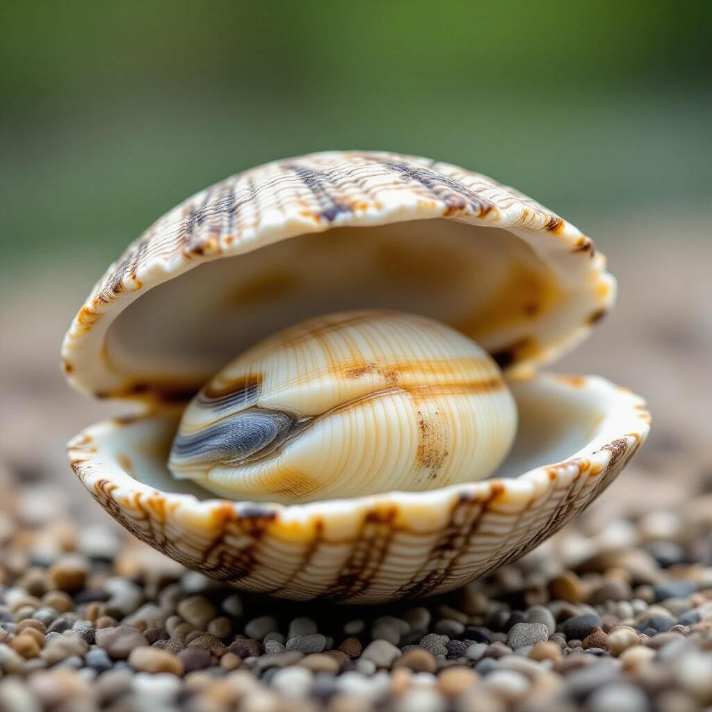 Open clam shell rests on a bed of fine pebbles. Shell is detailed with distinct patterns. The inside of the shell shows a smooth, pale surface. Background is softly blurred showcasing natural elements.