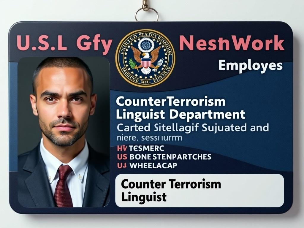 This image showcases a novelty ID badge designed for an employee of the Counter Terrorism Linguist Department within the United States government. The ID badge prominently features the employee's photo and includes the department name. The design incorporates iconic U.S. governmental colors and symbols, providing an authentic look. The text is arranged in a manner that highlights the title 'Counter Terrorism Linguist.' This ID serves as a fun and engaging piece for fans of federal service roles and counterterrorism themes. It’s perfect for use in roleplaying scenarios or as a gag gift for enthusiasts of government and linguistics.