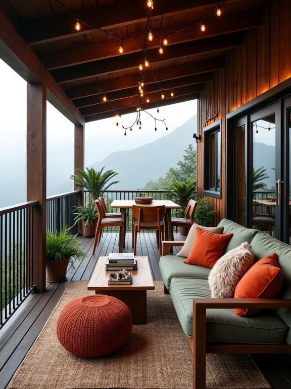 Cozy covered deck area overlooking a misty mountain valley. Wooden deck with dark brown finish, sloped roof with metal, and black railings. Exposed bulb lights hang, creating a warm glow. Potted plants like ferns are placed around. Features a dining area with a wooden table and chairs with orange cushions. Lounge area has a sage green sofa with neutral pillows and a rust-orange knitted ottoman. Dark wooden coffee table holds books. Flooring has an earthy woven rug. Scenic background of green cliffs and misty sky enhances the serene atmosphere.